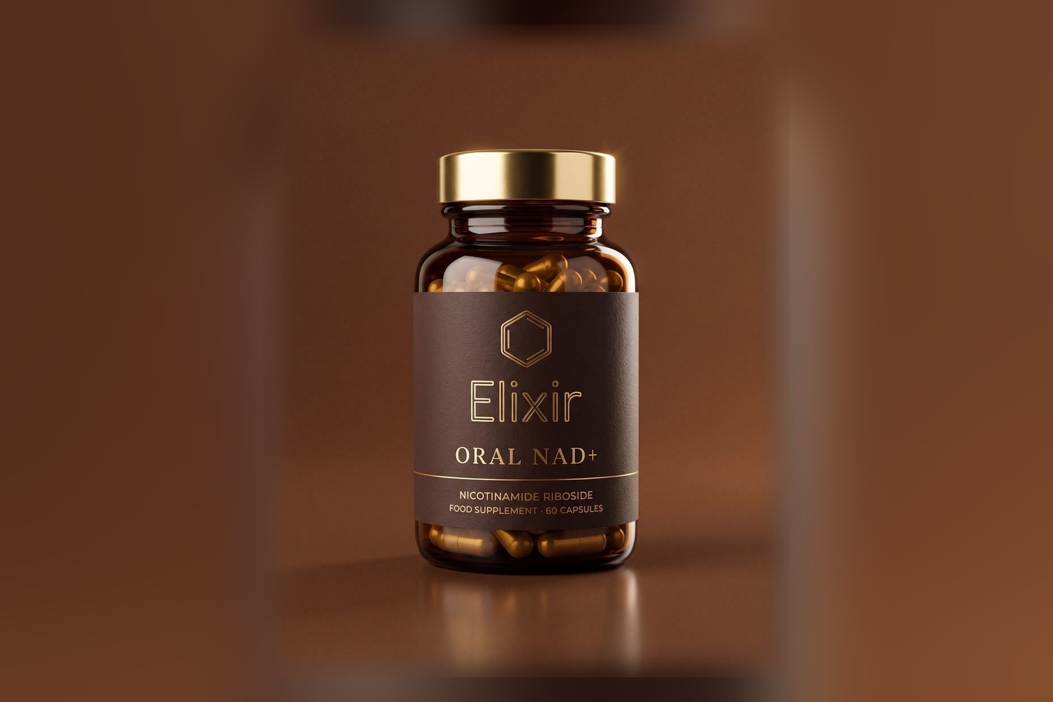 The Elixir Oral NAD+ food supplement — an amber glass jar with a gold lid, on a warm brown ground