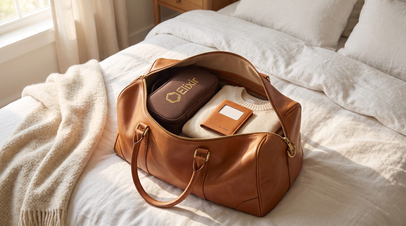 The Elixir case packed in a leather weekender bag — wherever you are, we can help