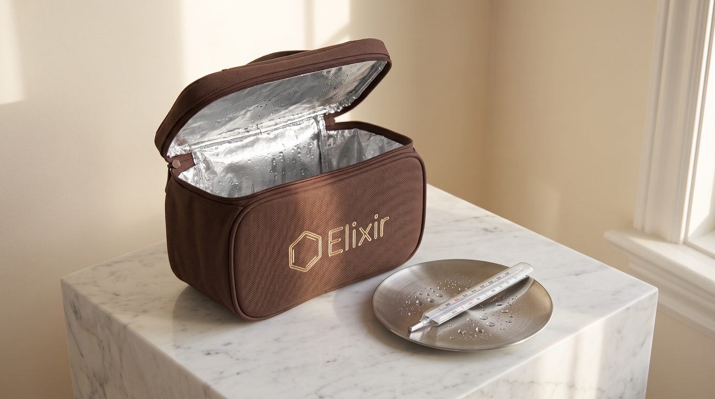 The insulated Elixir cooling bag open on marble beside a thermometer — the cold chain at home