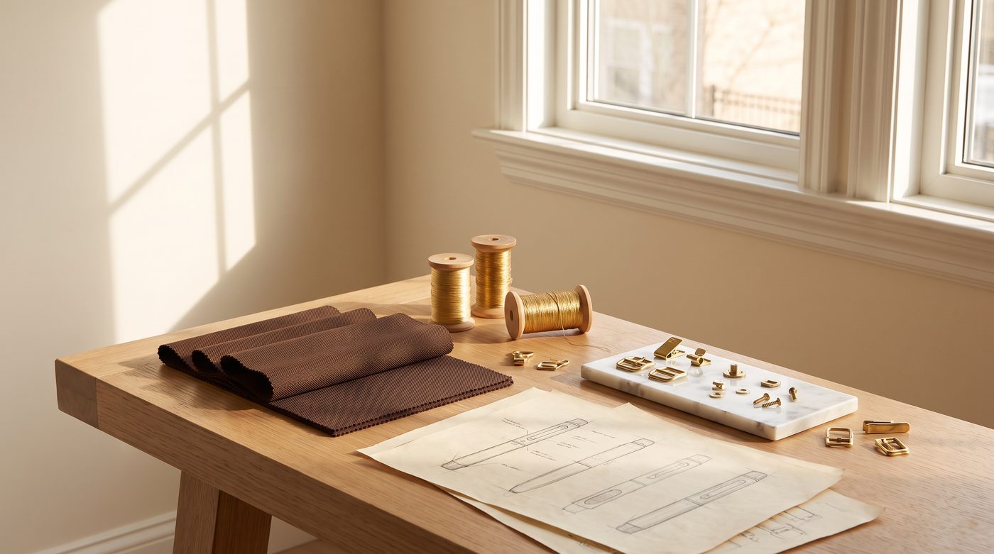The Elixir design bench: fabric swatches, gold thread, hardware and sketches in morning light