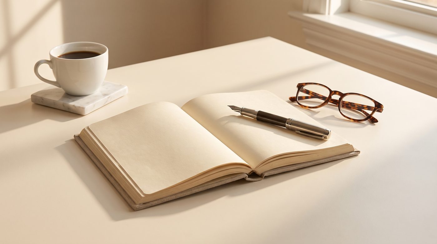 An open notebook, glasses and coffee in morning light — answers, plainly written