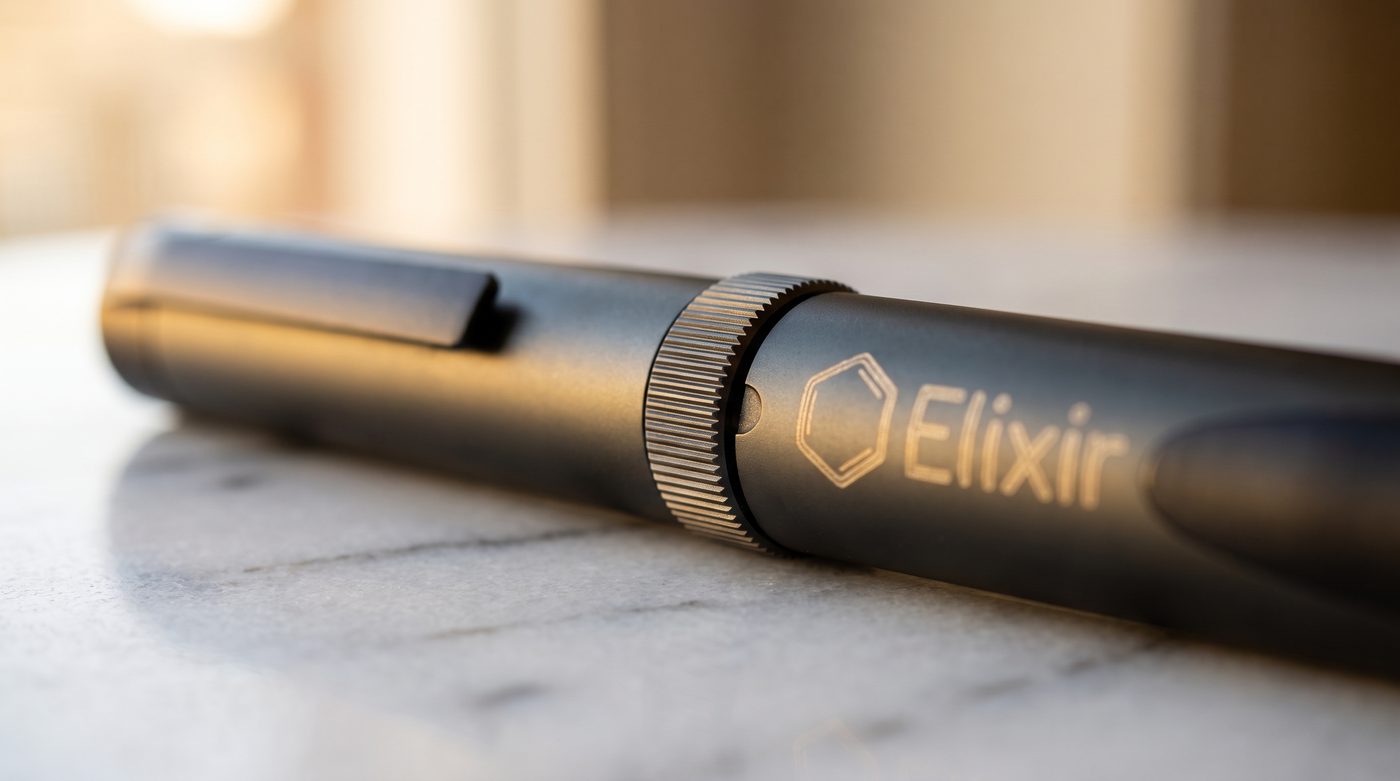 Macro of the Elixir pen's precision dose dial and markings