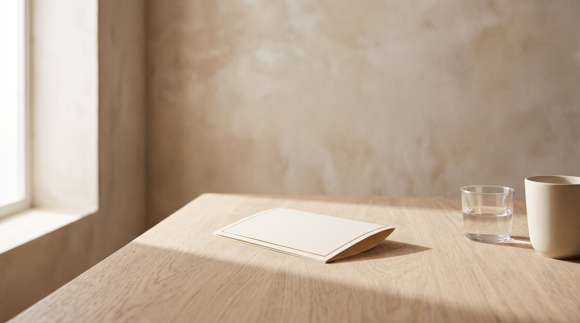 A folded results card on an oak table in morning light, beside a glass of water