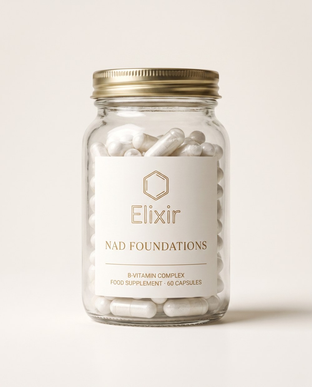 Elixir NAD Foundations — clear glass supplement jar